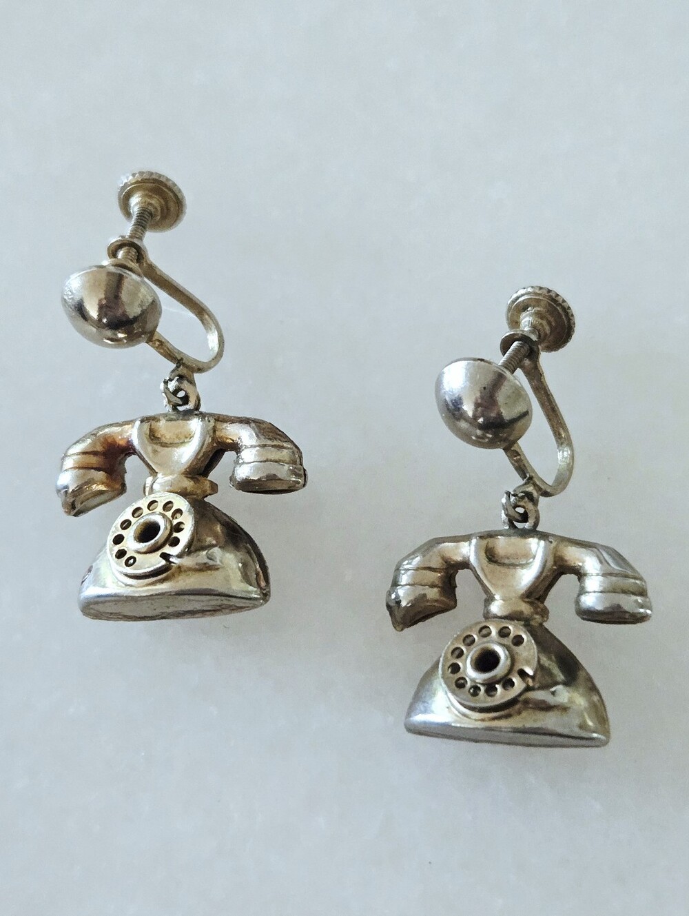 Vintage 1960s Rotary Phone Dangle Earrings, Novelty, Screw Back